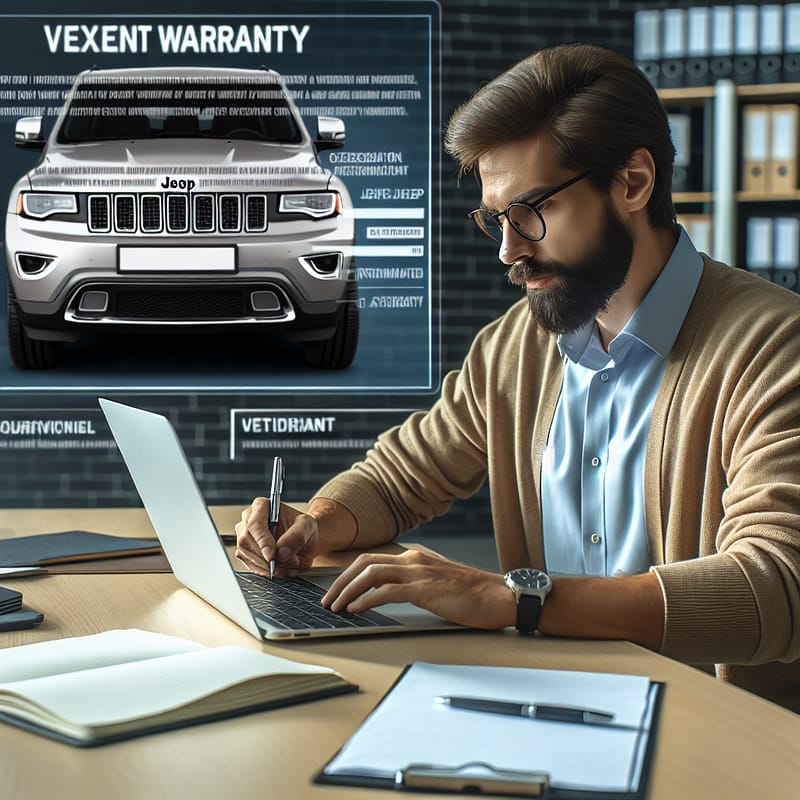 A person using a laptop to check a Jeep's extended warranty details, with a notepad and pen nearby for taking notes, set against a clean, organized workspace.