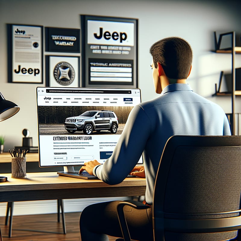 A person using a laptop to access the Jeep extended warranty login page, with a focus on technical insights and FAQs for navigating the process efficiently.