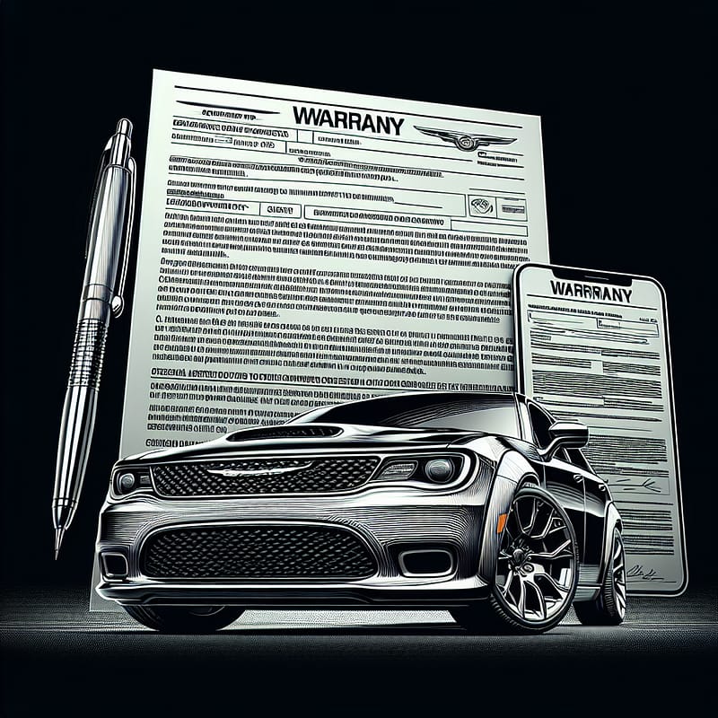 A close-up of a Chrysler vehicle with a focus on the official warranty documentation, highlighting key eligibility and benefits of Chrysler's extended warranty plan.