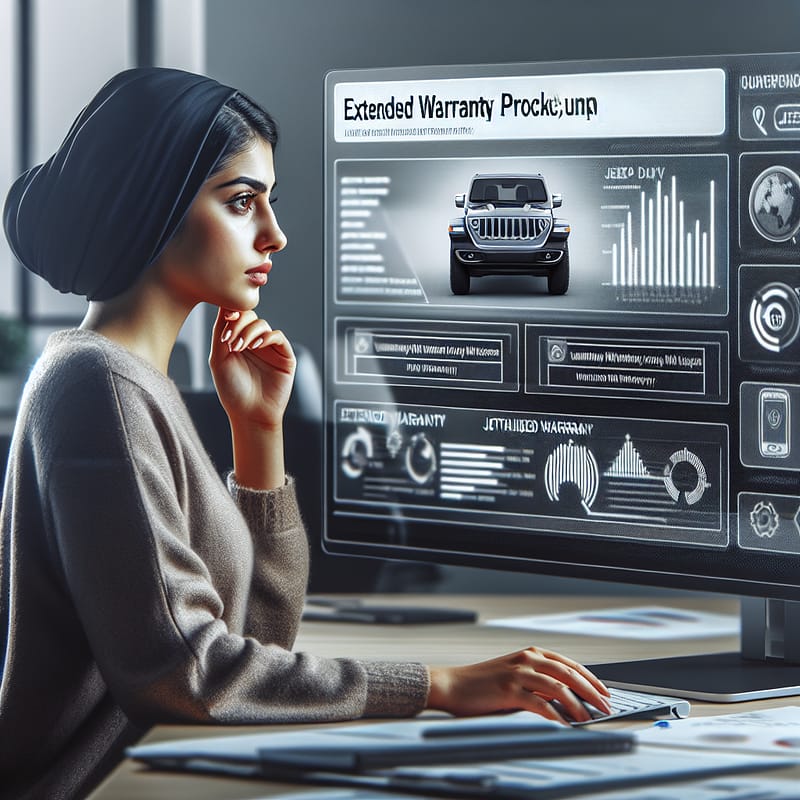 A person in front of a computer screen analyzing data related to Jeep's extended warranty lookup processes.