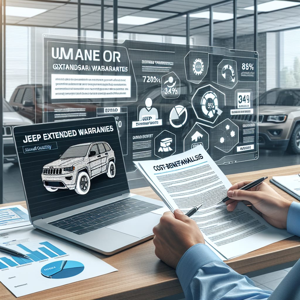 “Analyzing Cost-Benefit Factors of Jeep Extended Warranties in Granger” A person in a dealership office reviewing documents related to Jeep extended warranties, with a focus on cost-benefit analysis. A laptop displays charts and data, emphasizing the evaluation process in Granger.