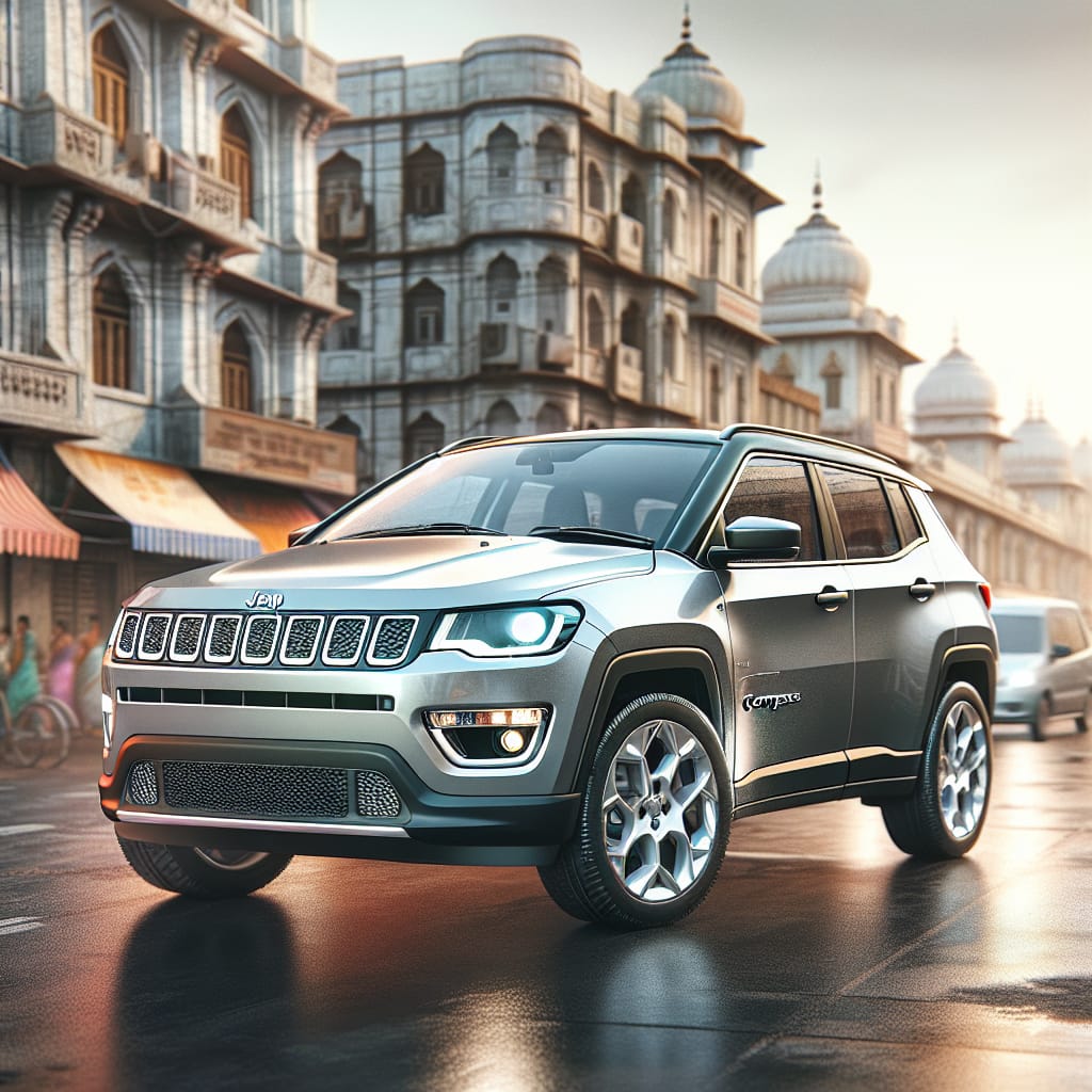 “Analyzing Jeep Compass Warranty Exclusions in India” A silver Jeep Compass parked in an urban setting, with a focus on the vehicle's details highlighting its robust design and features, reflecting its suitability for the Indian market.