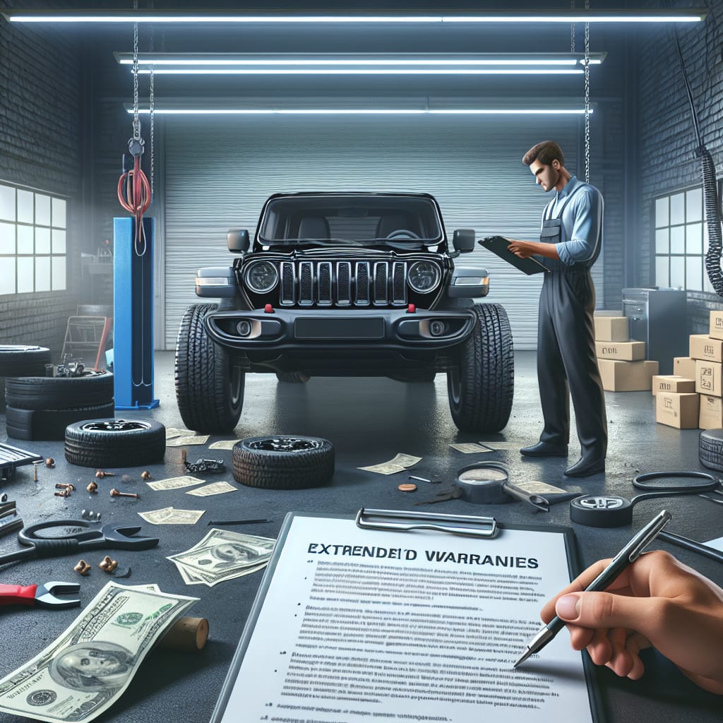 “Analyzing Jeep Repair Costs: The Role of Extended Warranties” A black Jeep SUV in a garage with a mechanic examining repair costs on a clipboard, highlighting the significance of extended warranties in managing expenses.