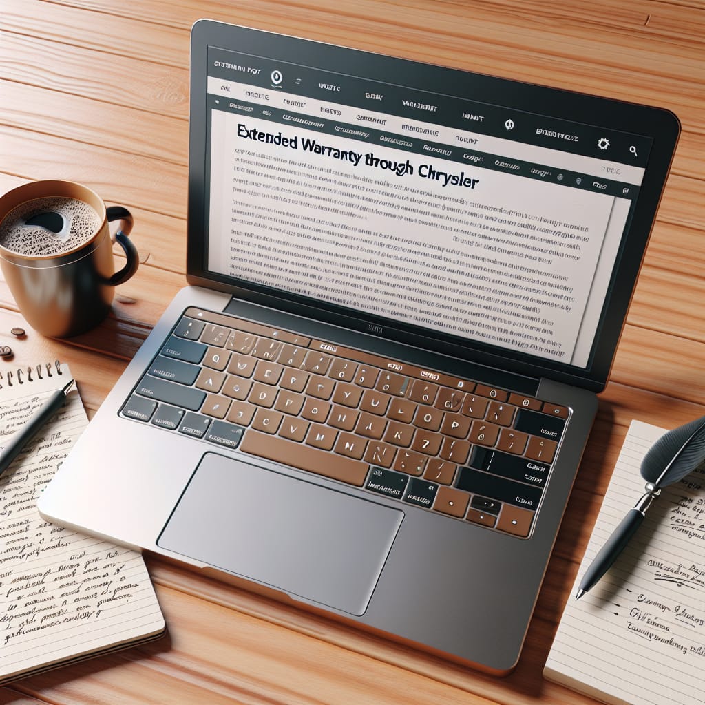 “Analyzing Key Factors for Chrysler’s Extended Warranty Selection” A laptop displaying a blog post draft about Chrysler's extended warranty selection, with highlighted text and bullet points, sits on a wooden desk next to a cup of coffee and a notepad with handwritten notes.