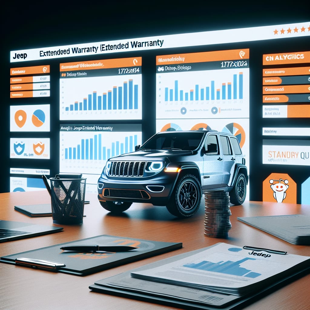 Analyzing Reddit Insights: Navigating Jeep Extended Warranty Costs Illustration of a digital dashboard displaying data analytics, a Jeep vehicle, and Reddit logos, symbolizing the analysis of Jeep extended warranty costs discussed on Reddit.