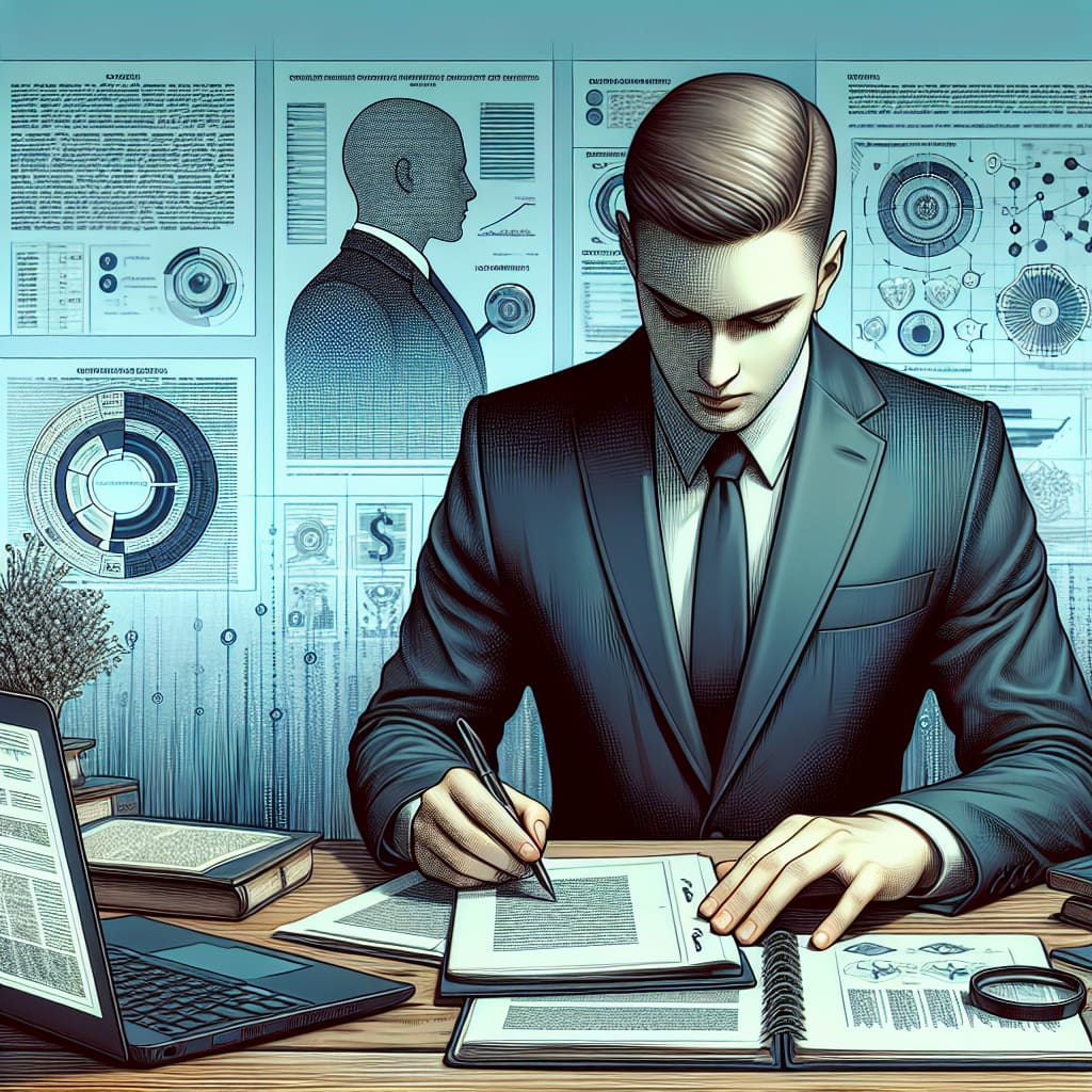 “Analyzing Warranty Impact on Older Fiat Chrysler Models” A person in a business suit reviews paperwork on a wooden desk, with a laptop displaying charts and graphs in the background, suggesting analysis of warranty options for older Fiat Chrysler models.