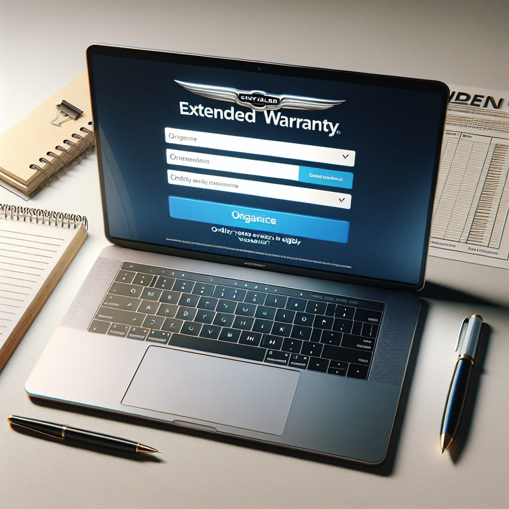 “Chrysler Extended Warranty Login: Access Guide for Eligible Owners” A laptop displaying the Chrysler Extended Warranty login page, surrounded by a notepad and pen, symbolizing organization and access for eligible Chrysler owners.