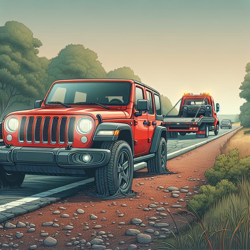 “Clarifying Roadside Assistance in Jeep Extended Warranties” A red Jeep parked on the roadside with a tow truck in the background, symbolizing roadside assistance as part of an extended warranty service.