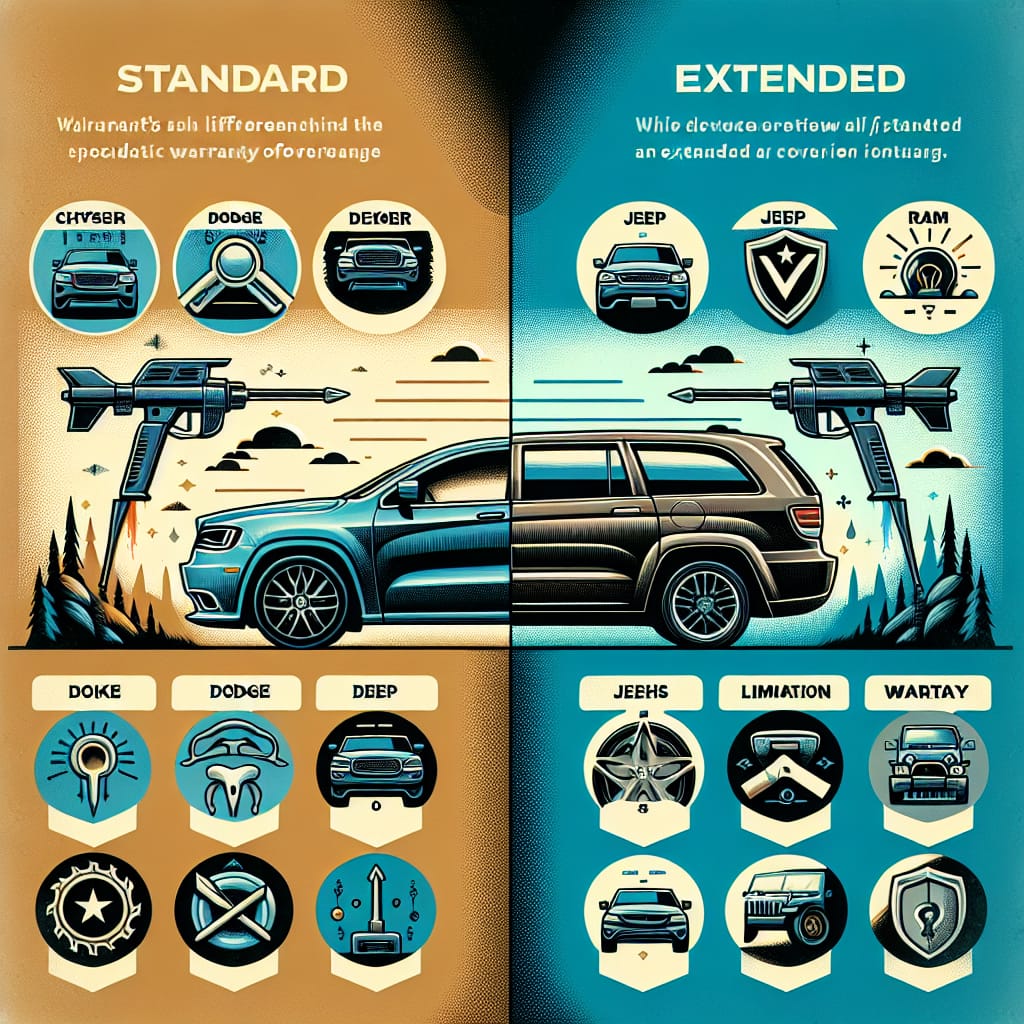 “Comparing Chrysler Warranty Options: Standard vs. Extended Coverage” A side-by-side comparison of Chrysler warranty options, highlighting the differences between standard and extended coverage, with text and iconography detailing benefits and limitations for Chrysler, Dodge, Jeep, and Ram vehicles.