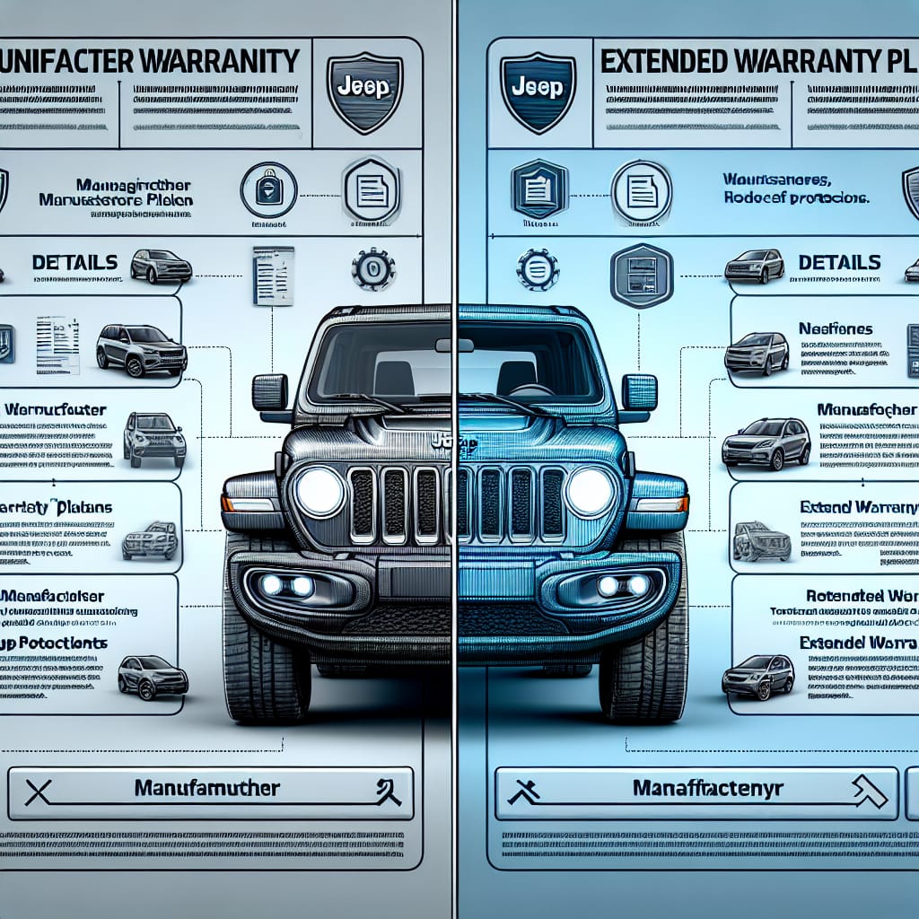 “Comparing Jeep Warranty Protections: Manufacturer vs. Extended Options in the UK” A side-by-side comparison of Jeep warranty options in the UK, highlighting differences between manufacturer protections and extended warranty plans. The image is designed to aid UK Jeep owners in understanding their warranty choices.