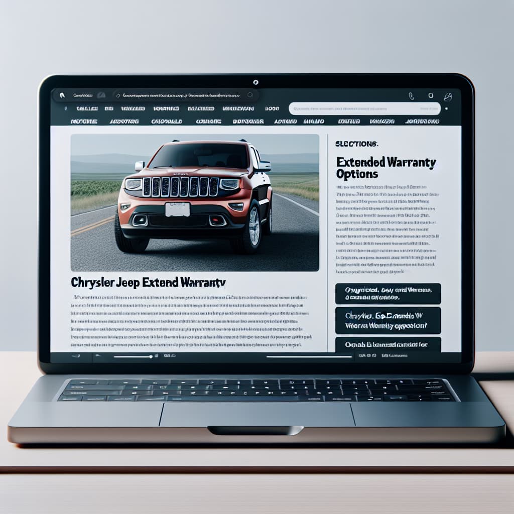 “Comprehensive Coverage: Understanding Chrysler Jeep Extended Warranty Options” A laptop displaying a blog post about Chrysler Jeep extended warranty options, with bullet points and FAQs visible on the screen.