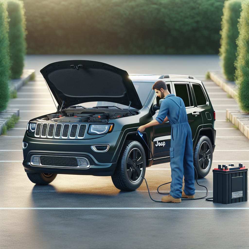 “Comprehensive Guide: Jeep Extended Warranty Battery Coverage Explained” A Jeep SUV parked outdoors with its hood open, showcasing a technician inspecting the battery, symbolizing the topic of extended warranty battery coverage.