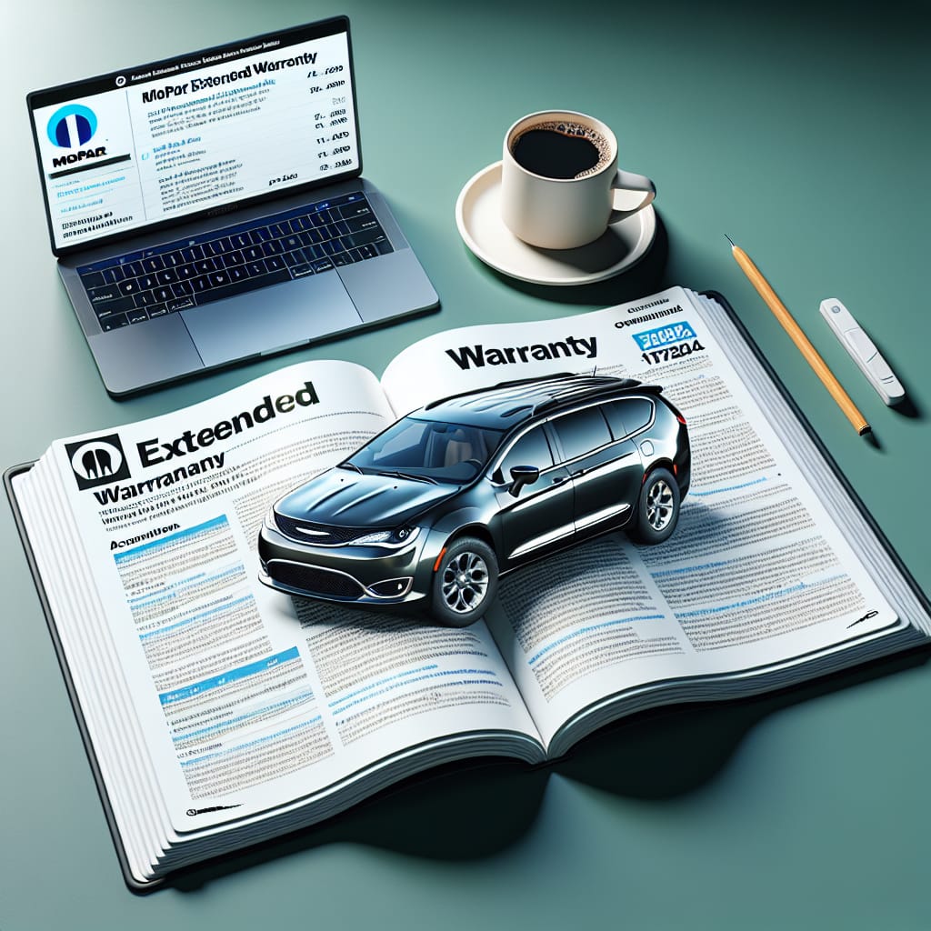 “Comprehensive Guide to Chrysler Pacifica Mopar Warranty Details” An open Chrysler Pacifica owner's manual with highlighted sections detailing the Mopar extended warranty options, surrounded by a laptop displaying warranty information and a cup of coffee.