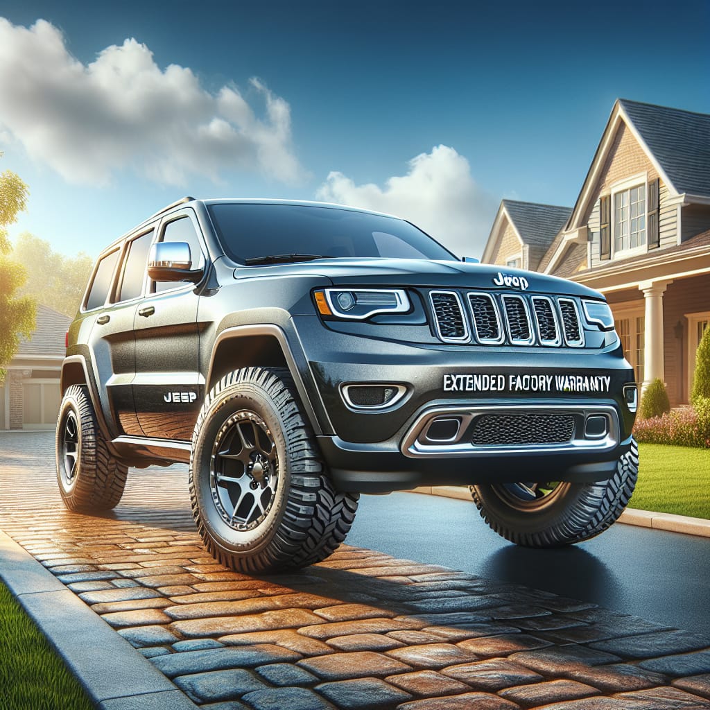 “Comprehensive Guide to Jeep Extended Factory Warranty Options” A Jeep SUV parked in a driveway with a clear blue sky, highlighting the vehicle's rugged build and durability, symbolizing the security and peace of mind offered by an extended factory warranty.