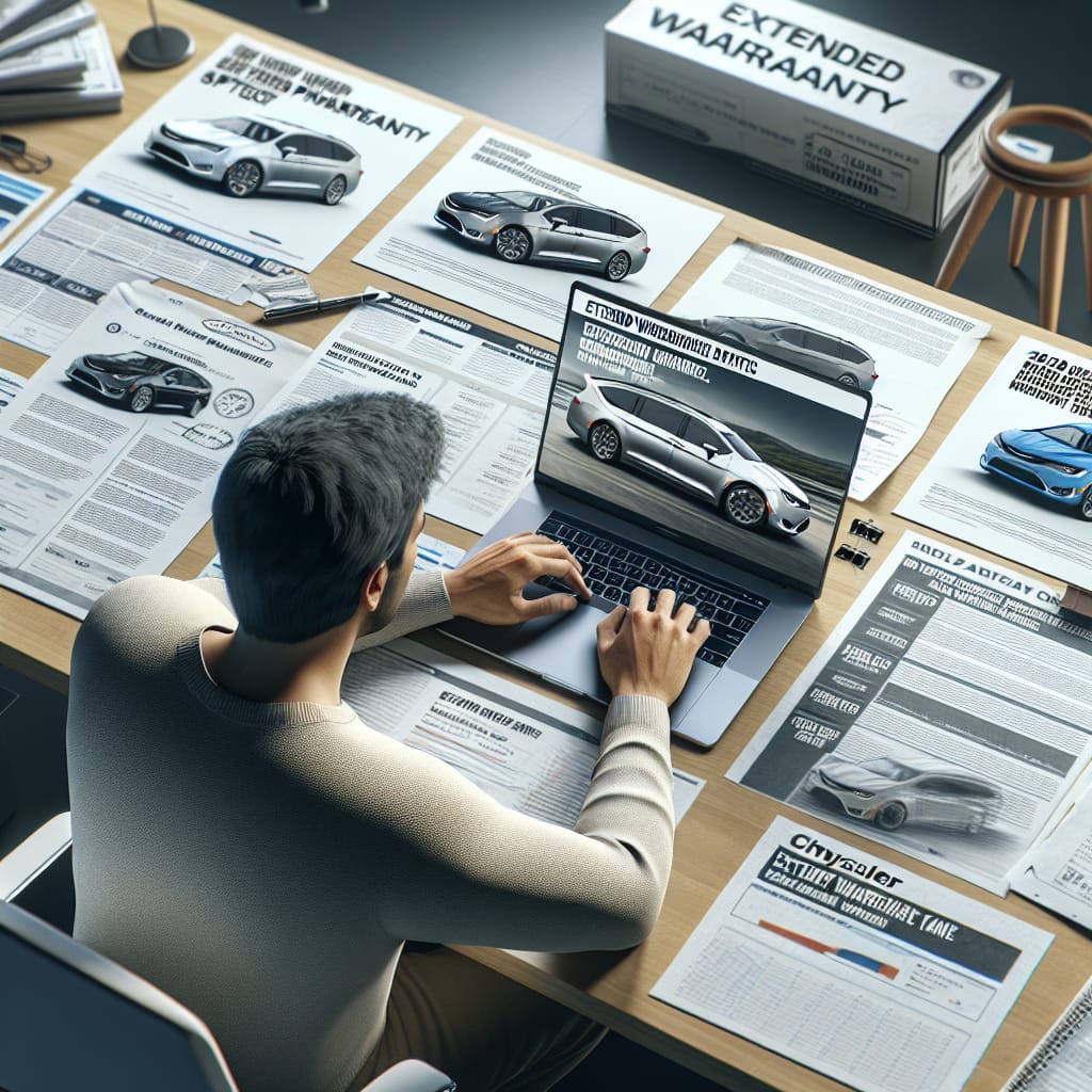 “Contacting Chrysler: Navigating Extended Warranty Queries for the 2020 Pacifica” A person typing on a laptop, surrounded by notes and brochures about Chrysler's extended warranty options for the 2020 Pacifica, with a focus on understanding the process and criteria for contacting Chrysler customer service.