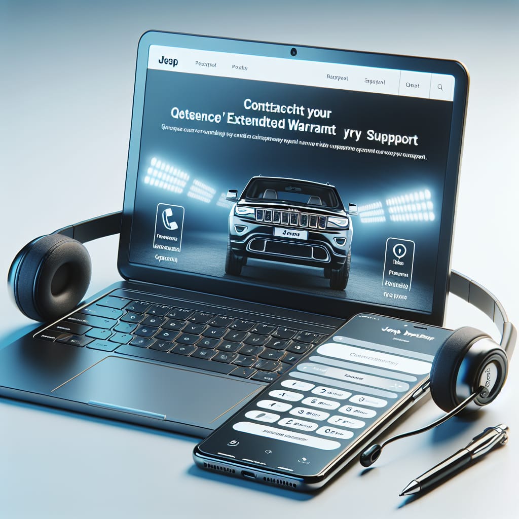 “Contacting Jeep Extended Warranty: Online Support and Phone Options” A laptop displaying a webpage about contacting Jeep extended warranty support, with a phone and headset nearby.