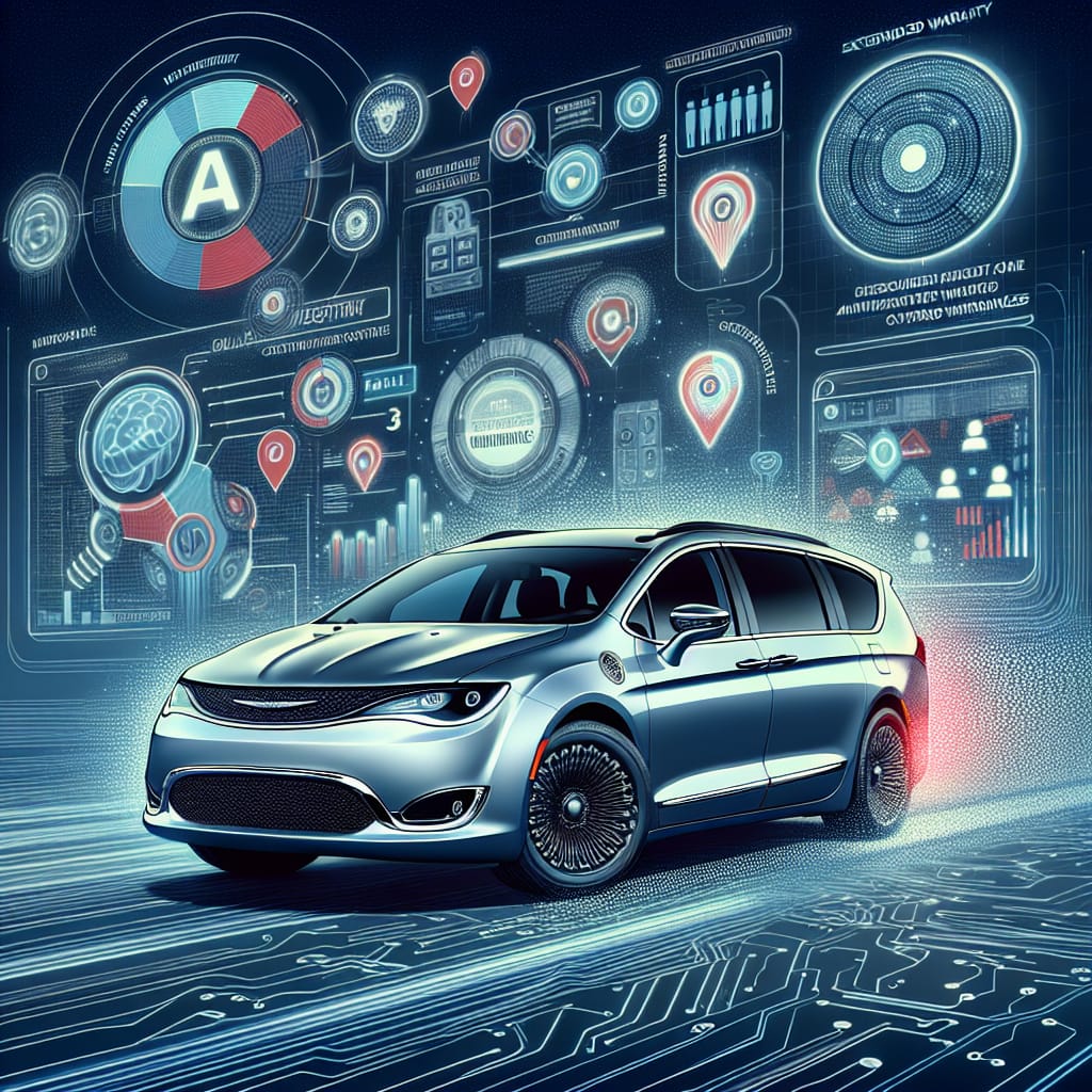 “Decoding Chrysler Pacifica Warranty Choices: Reddit Insights & AI Perspectives” A digital composition featuring a stylized Chrysler Pacifica with a backdrop of abstract data elements, symbolizing the intersection of community insights from Reddit and AI analysis on extended warranty options.