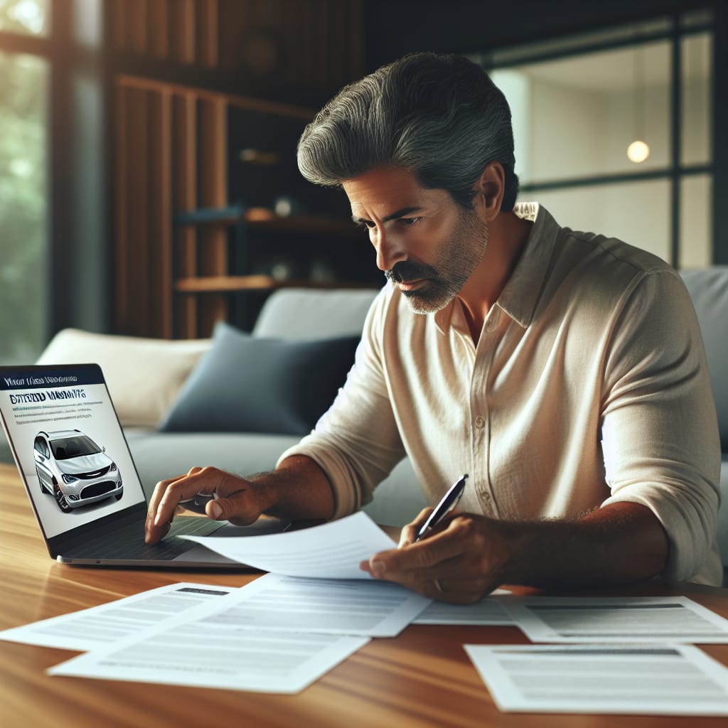 “Decoding Extended Warranty Choices for Chrysler Pacifica Owners” A person researching warranty options for their Chrysler Pacifica, surrounded by various warranty documents and a laptop displaying warranty information.