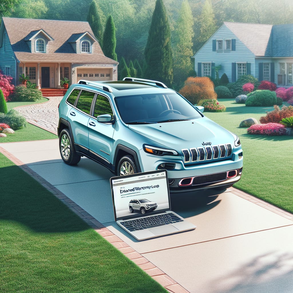 “Decoding Free Jeep Warranty Lookup Accuracy: Key Insights for Owners” A light blue Jeep Cherokee parked in a driveway with a laptop placed on the hood displaying a webpage about Jeep extended warranty lookup.