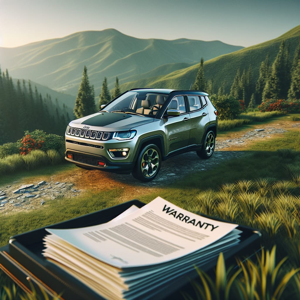 “Decoding Jeep Compass Warranty Options in India” A realistic illustration of a Jeep Compass parked on a scenic hilltop in India, with a focus on warranty paperwork and a background of lush greenery.