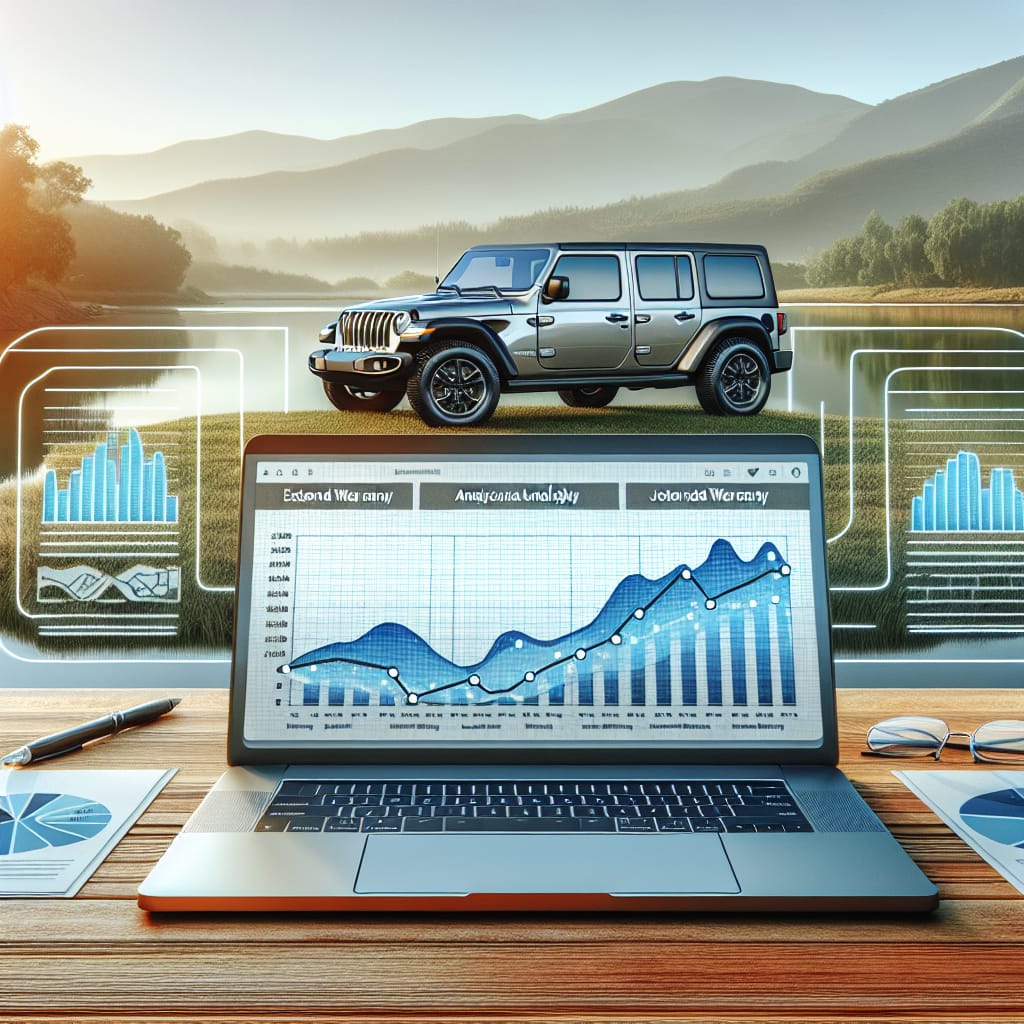 “Decoding Jeep Extended Warranty Costs: Key Factors and Decision-Making Guide” An open laptop displaying a website with financial graphs and a Jeep parked in the background, symbolizing the analysis of Jeep extended warranty costs and decision-making factors.