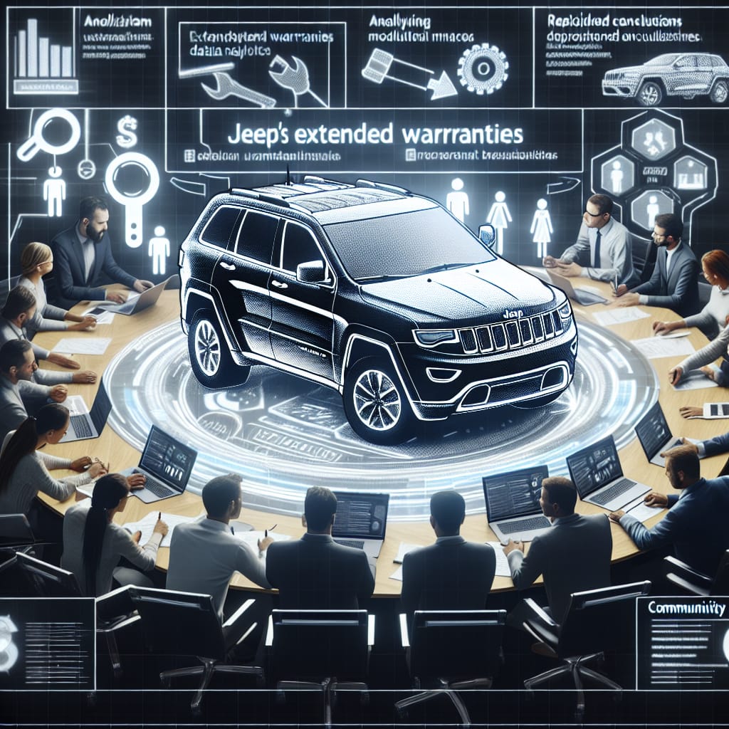 “Decoding Jeep Extended Warranty Insights: A Forum-Driven Analysis” A technical illustration depicting a digital forum interface with users discussing and analyzing insights related to Jeep extended warranties, emphasizing data-driven conclusions and community engagement.