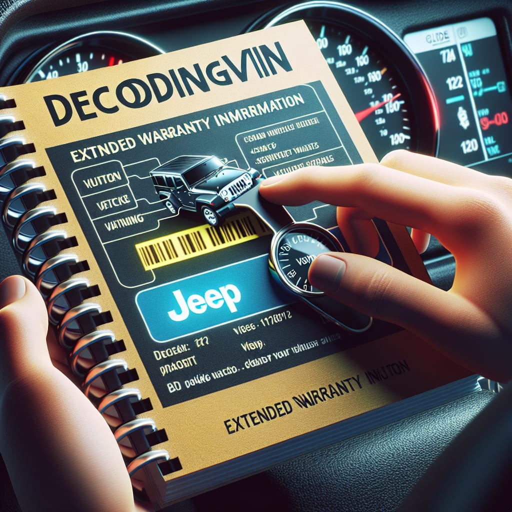 “Decoding Jeep VIN: Your Guide to Extended Warranty Insights” Close-up of a Jeep dashboard with a VIN number highlighted and a guidebook titled "Decoding Jeep VIN" in the foreground.