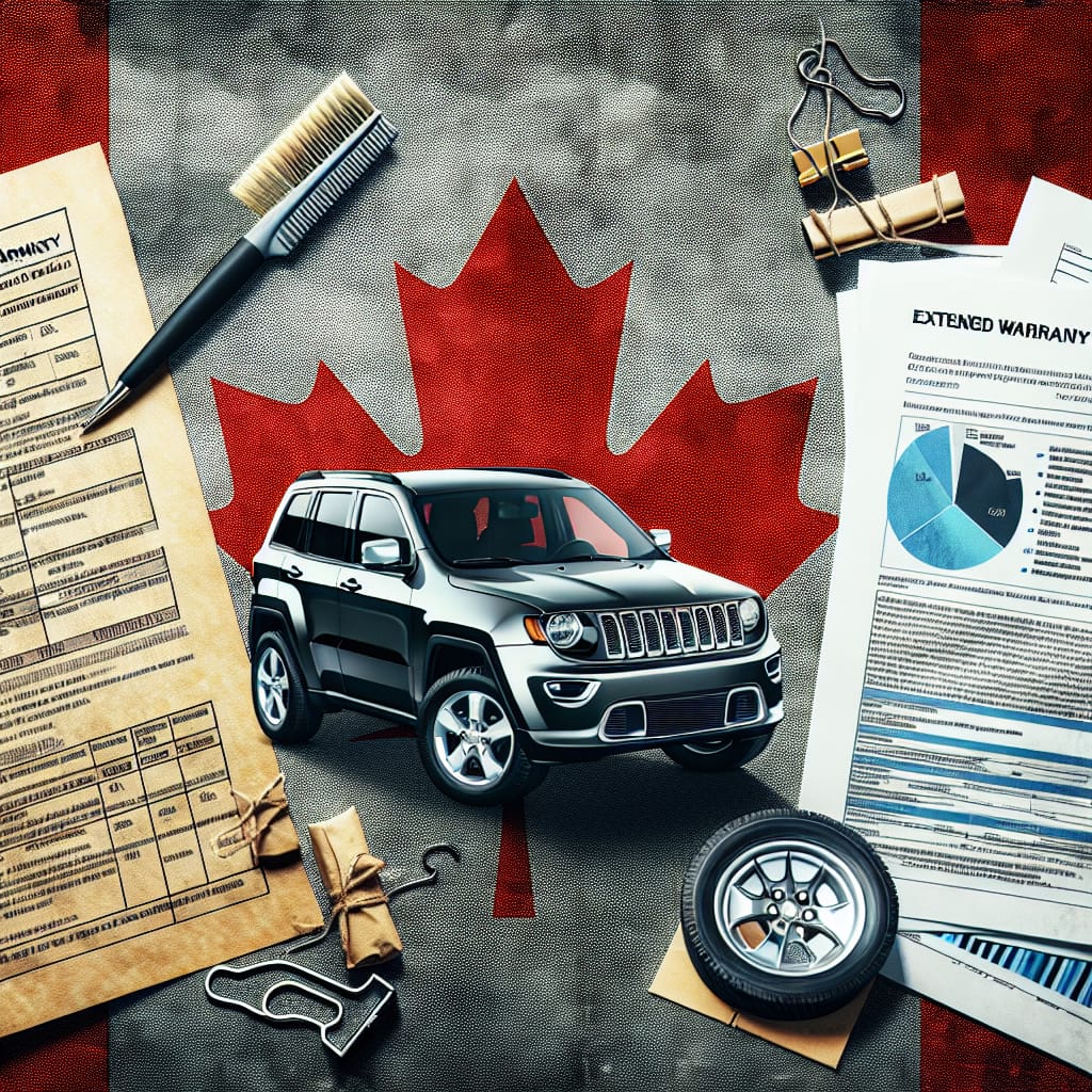 “Decoding the Costs: Jeep Extended Warranty in Canada” A collage of a Jeep vehicle, a Canadian flag, and warranty documents, representing the costs of extended warranties for Jeep vehicles in Canada.