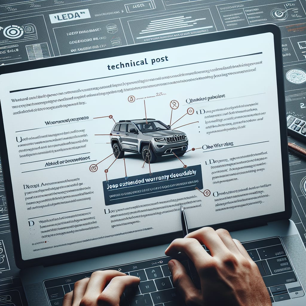 “Demystifying Jeep Extended Warranty Deductibles: Key Insights and FAQs” A laptop displaying a technical blog post titled "Demystifying Jeep Extended Warranty Deductibles: Key Insights and FAQs" with structured sections and bullet points, designed for easy scanning.