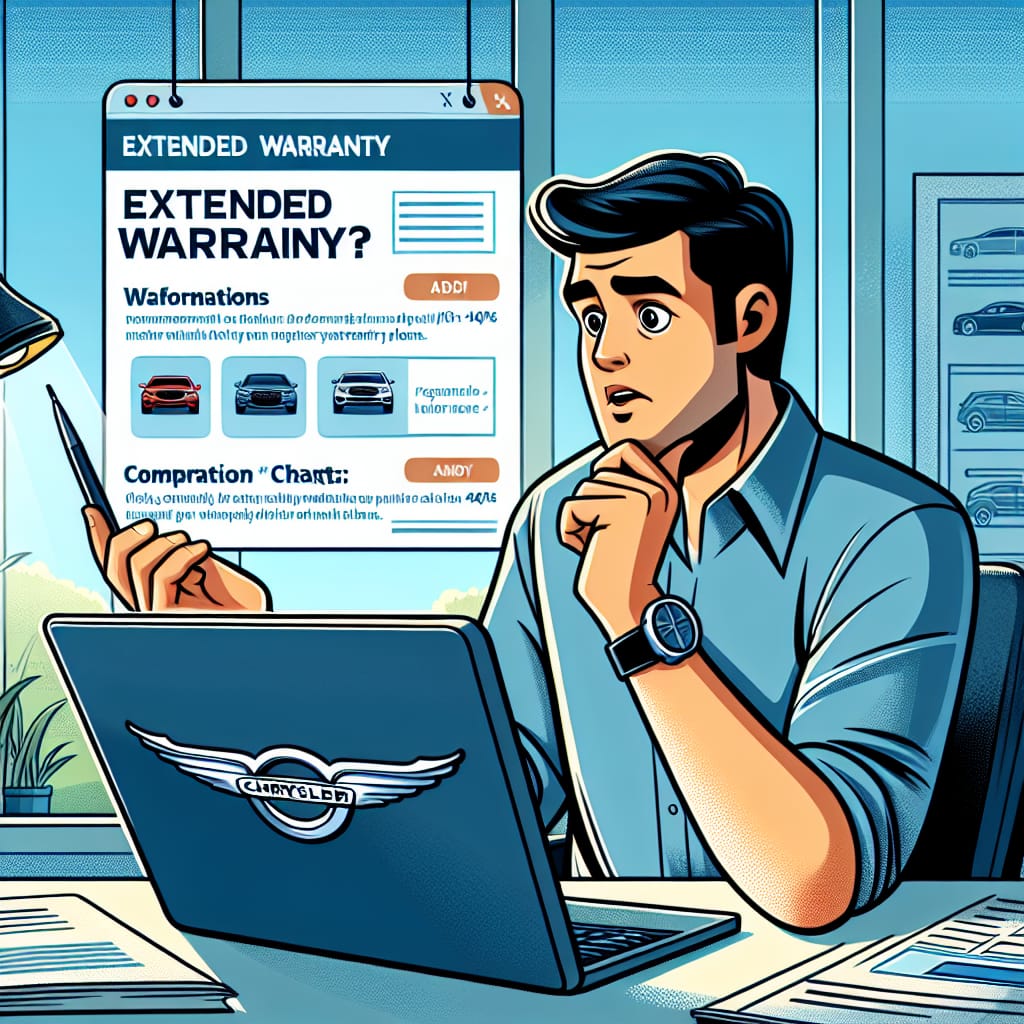 “Direct Assistance: Navigating Chrysler Extended Warranty Options” A person browsing options on a laptop screen displaying information about Chrysler extended warranties, emphasizing decision criteria and entity context.