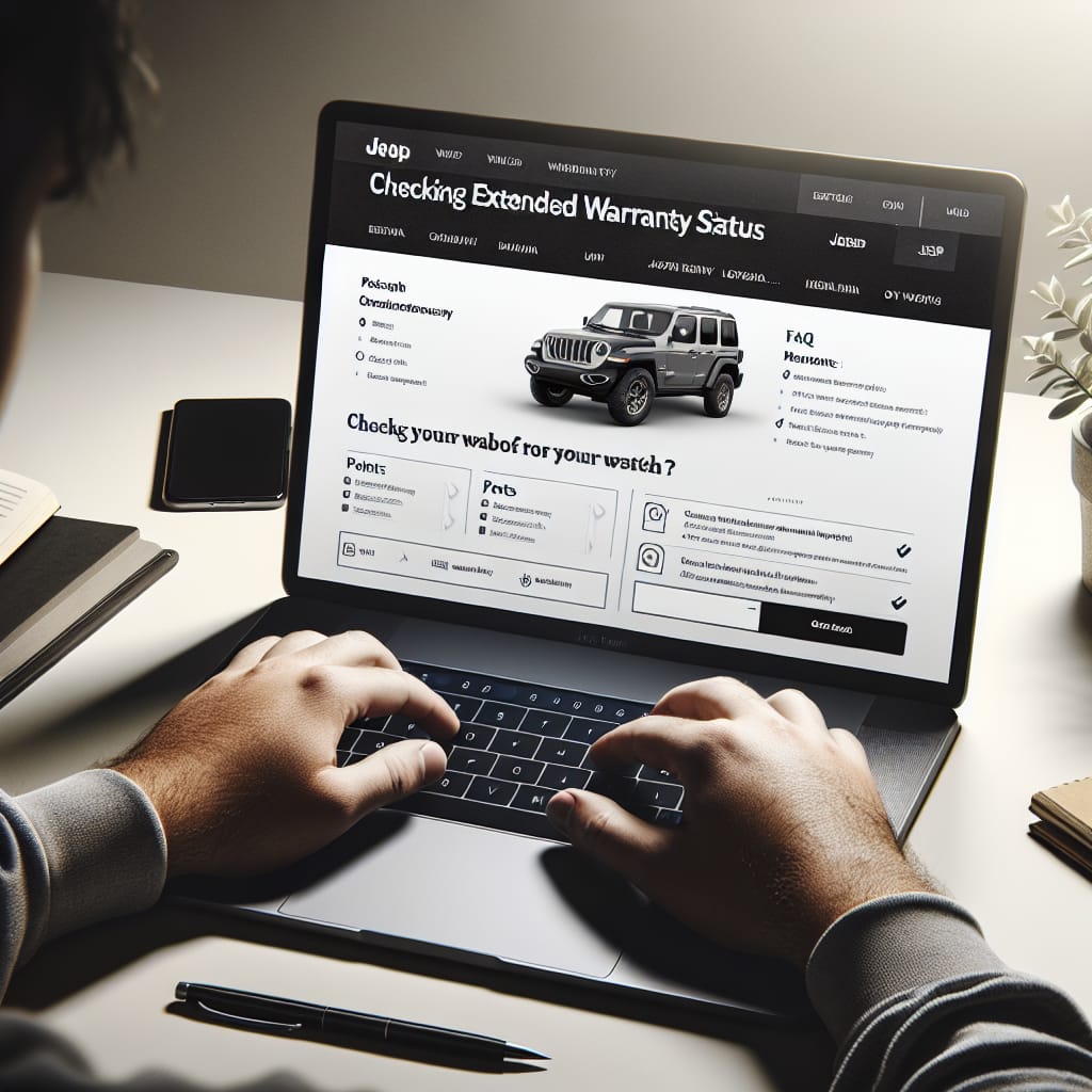 “Effortless Guide to Checking Your Jeep’s Extended Warranty Status” A person checking the extended warranty status of a Jeep using a laptop, with a guide and contact information visible on the screen.