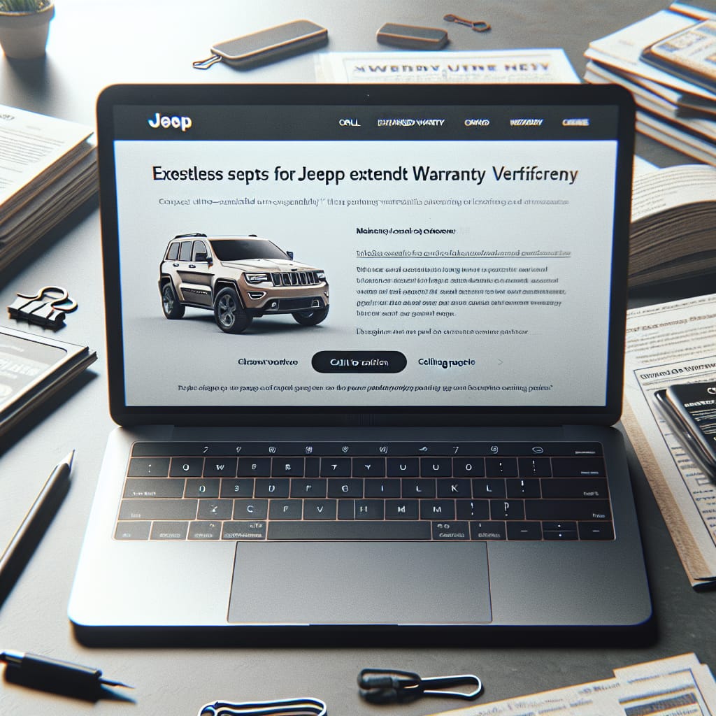 “Effortless Steps for Jeep Extended Warranty Verification” A laptop displaying a website with the title "Effortless Steps for Jeep Extended Warranty Verification" and a list of bullet points.