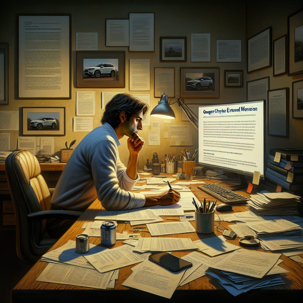 “Essential Factors in Selecting Granger Chrysler Extended Warranties” A person reviewing documents and notes on a desk, focusing on a computer screen displaying information about Granger Chrysler extended warranties.