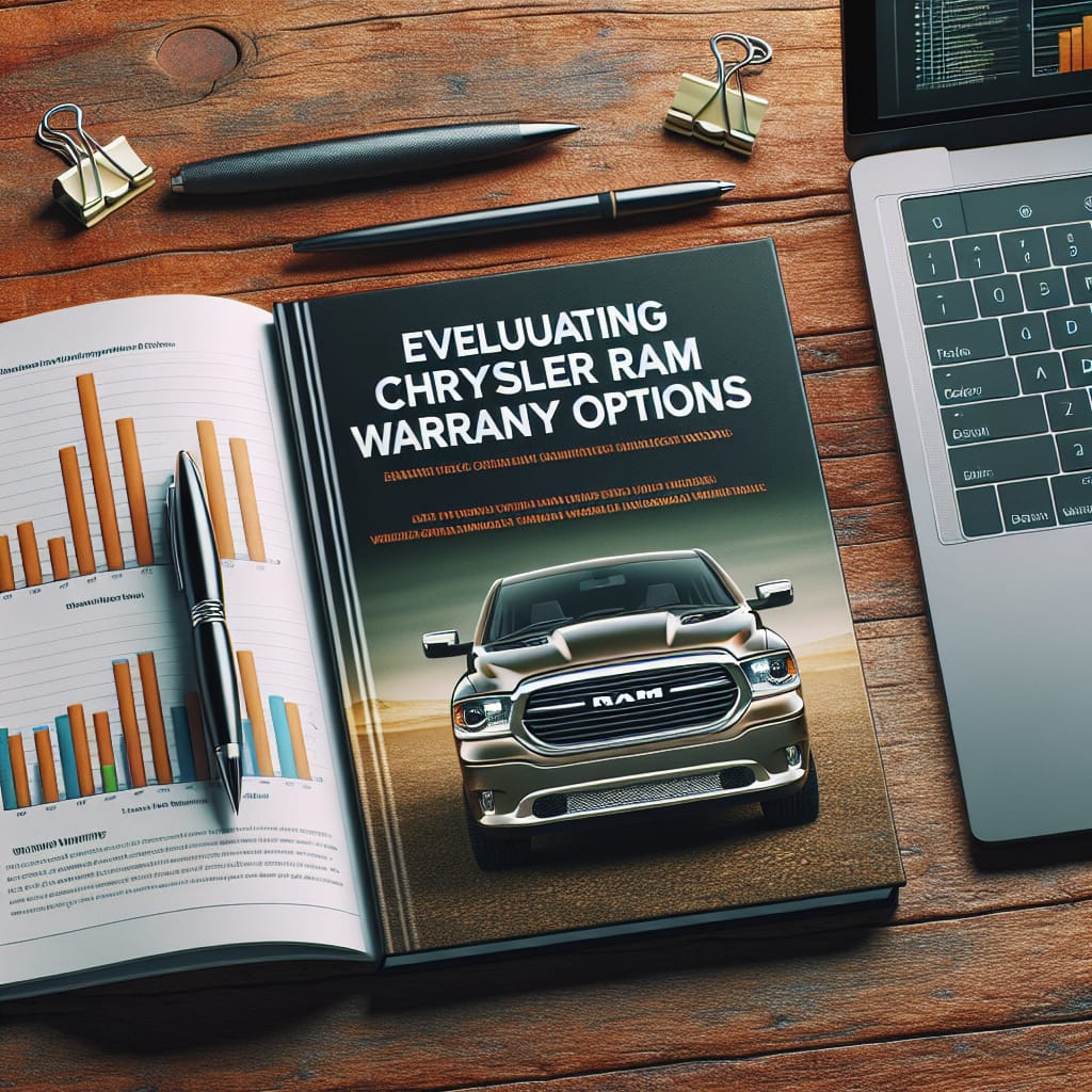 “Evaluating Chrysler Ram Warranty Options: A Technical Guide” A technical guidebook titled "Evaluating Chrysler Ram Warranty Options" rests on a wooden desk, surrounded by a laptop, notepad, and pen, suggesting a setting for research and decision-making on vehicle warranty choices.