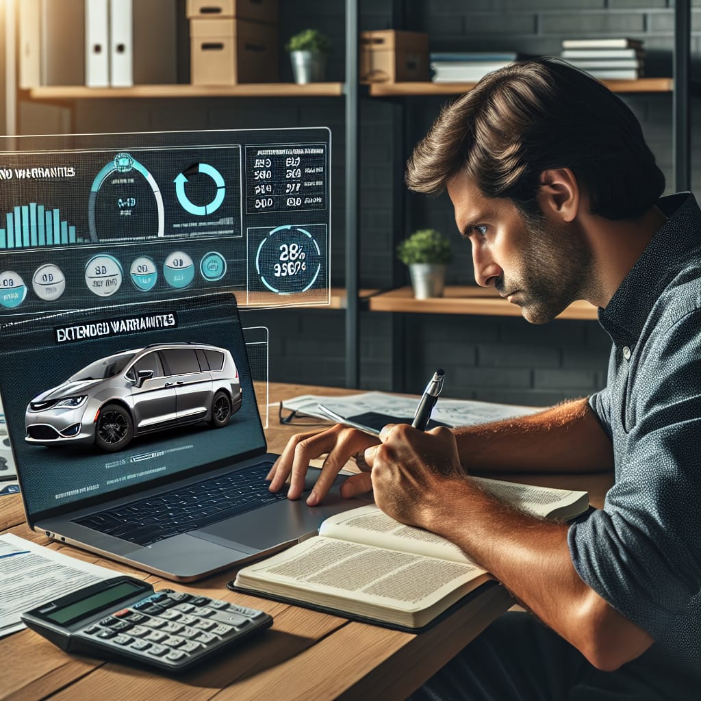 “Evaluating Extended Warranty Costs for the 2018 Chrysler Pacifica” A person analyzing the costs associated with extended warranties for a 2018 Chrysler Pacifica, with a laptop displaying research data and a calculator on the desk.