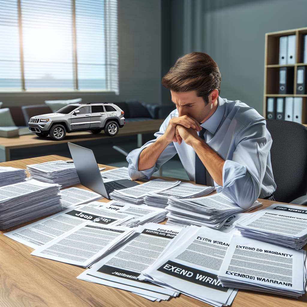 “Evaluating Extended Warranty Options for Jeep Owners” A person sitting at a desk, surrounded by documents and a laptop, diligently assessing various extended warranty options for their Jeep, with a focus on making an informed purchase decision.