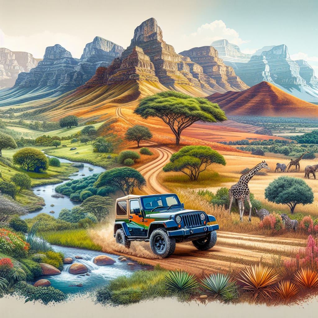 “Evaluating Jeep Extended Warranty Options in South Africa: Key Cost Factors” A stylized illustration depicting a Jeep vehicle against the backdrop of South African landscapes, symbolizing the concept of evaluating extended warranty options for Jeep in the region.