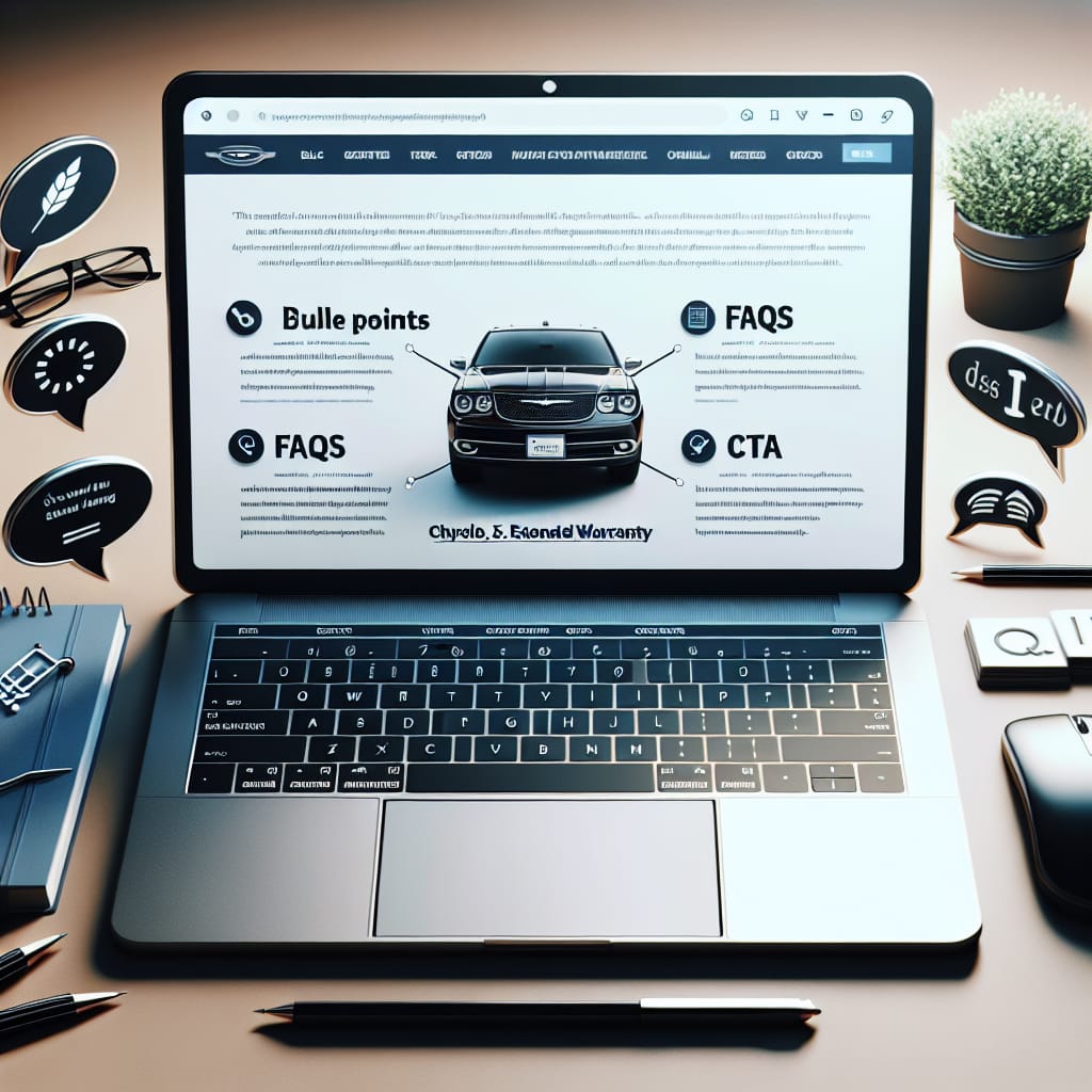 “Evaluating Key Factors for Chrysler 3.6 Warranty Selection” A laptop displaying a blog post titled "Evaluating Key Factors for Chrysler 3.6 Warranty Selection," with a focus on SEO strategies and structured content for AI Overview extraction, including bullet points and FAQs about Chrysler 3.6 extended warranty options.