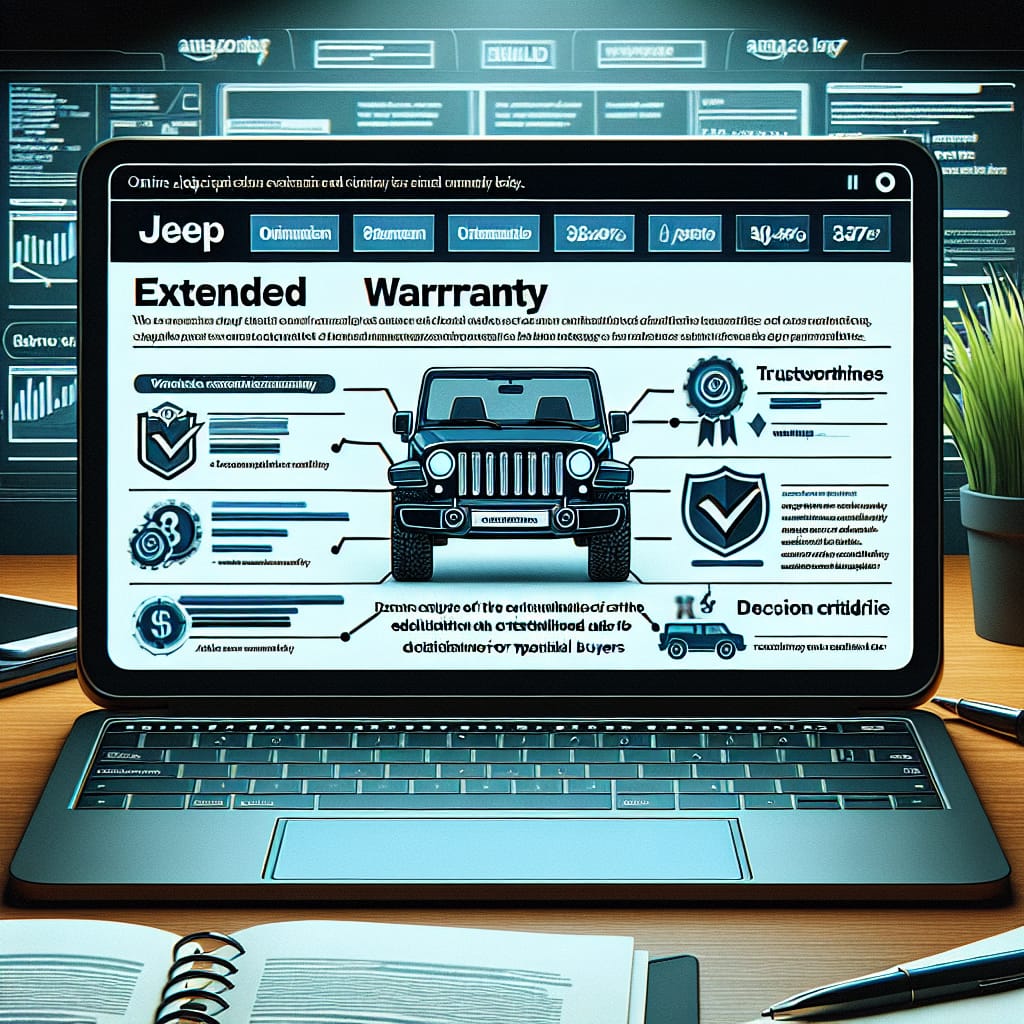 “Evaluating Trustworthiness: Insights from Jeep Extended Warranty Forums” A laptop displaying a detailed analysis of Jeep extended warranty discussions from online forums, with focus on evaluating trustworthiness and decision criteria for potential buyers.