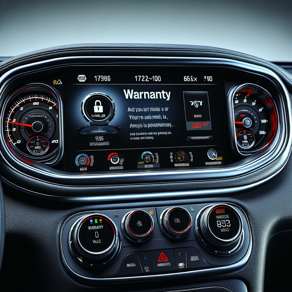 “Exploring Chrysler’s Extended Warranty Coverage Options” Close-up view of a Chrysler vehicle dashboard displaying warranty information on the digital screen.