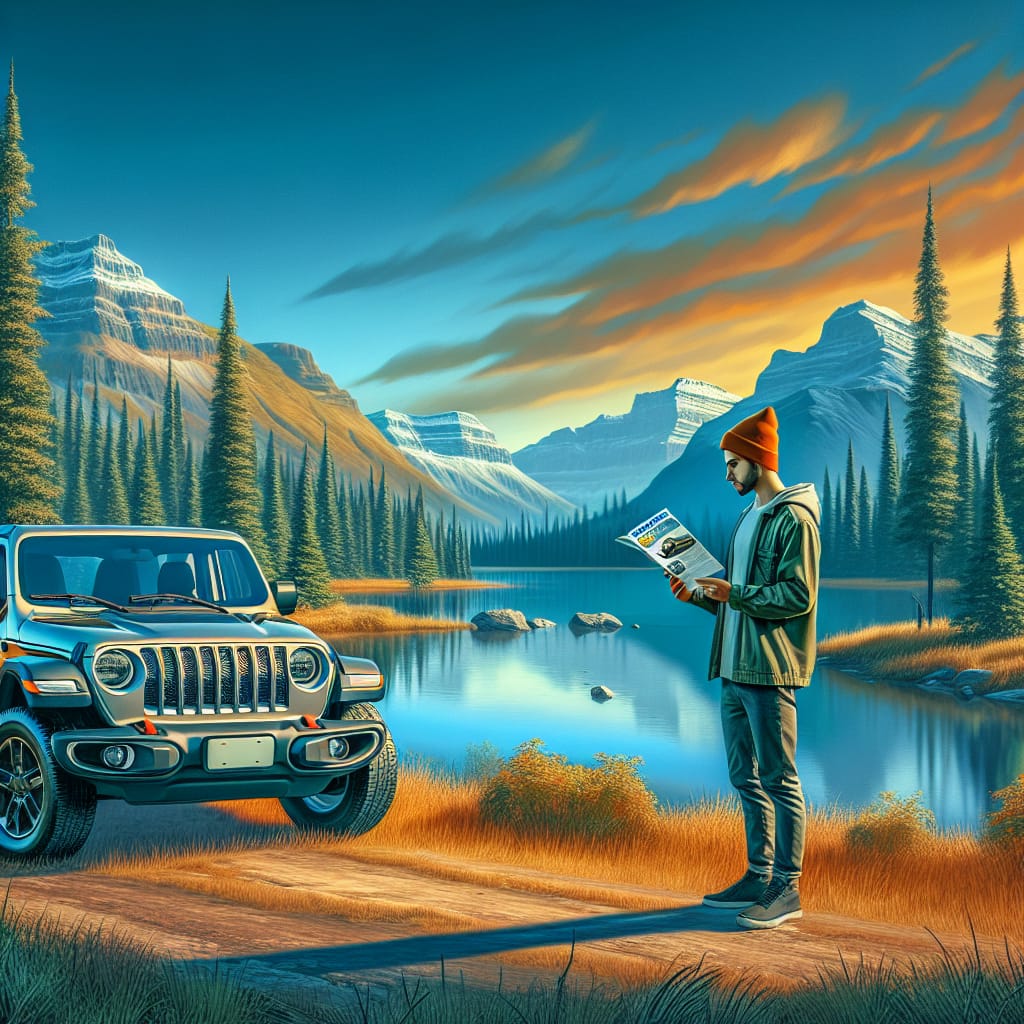 “Exploring Coverage Tiers: Jeep Warranty Options in Canada” A person reading a brochure about different Jeep warranty options while standing beside a Jeep parked in a scenic Canadian landscape.