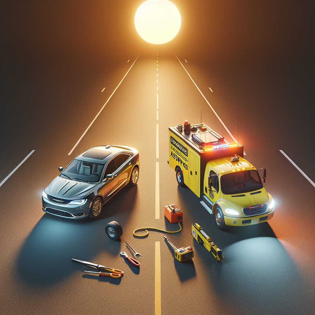 “Exploring Roadside Assistance in Chrysler’s Extended Warranty” A roadside assistance vehicle parked beside a Chrysler car on a sunny day, illustrating the concept of roadside support included in Chrysler's extended warranty package.