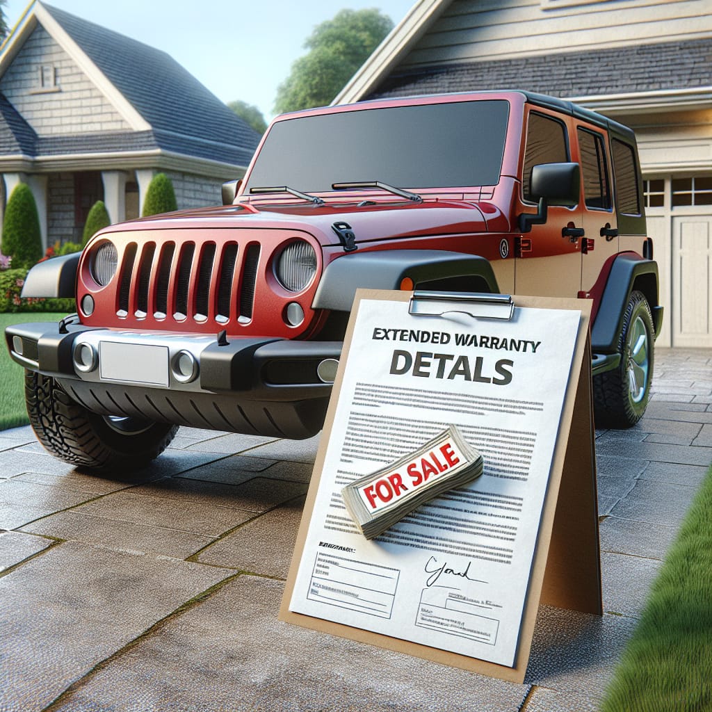 “Exploring Transferability: Selling Your Jeep with an Extended Warranty” A red Jeep parked on a suburban driveway, with a "For Sale" sign on the windshield and a document titled "Extended Warranty Details" resting on the hood, symbolizing the transferability of the warranty in a sale.