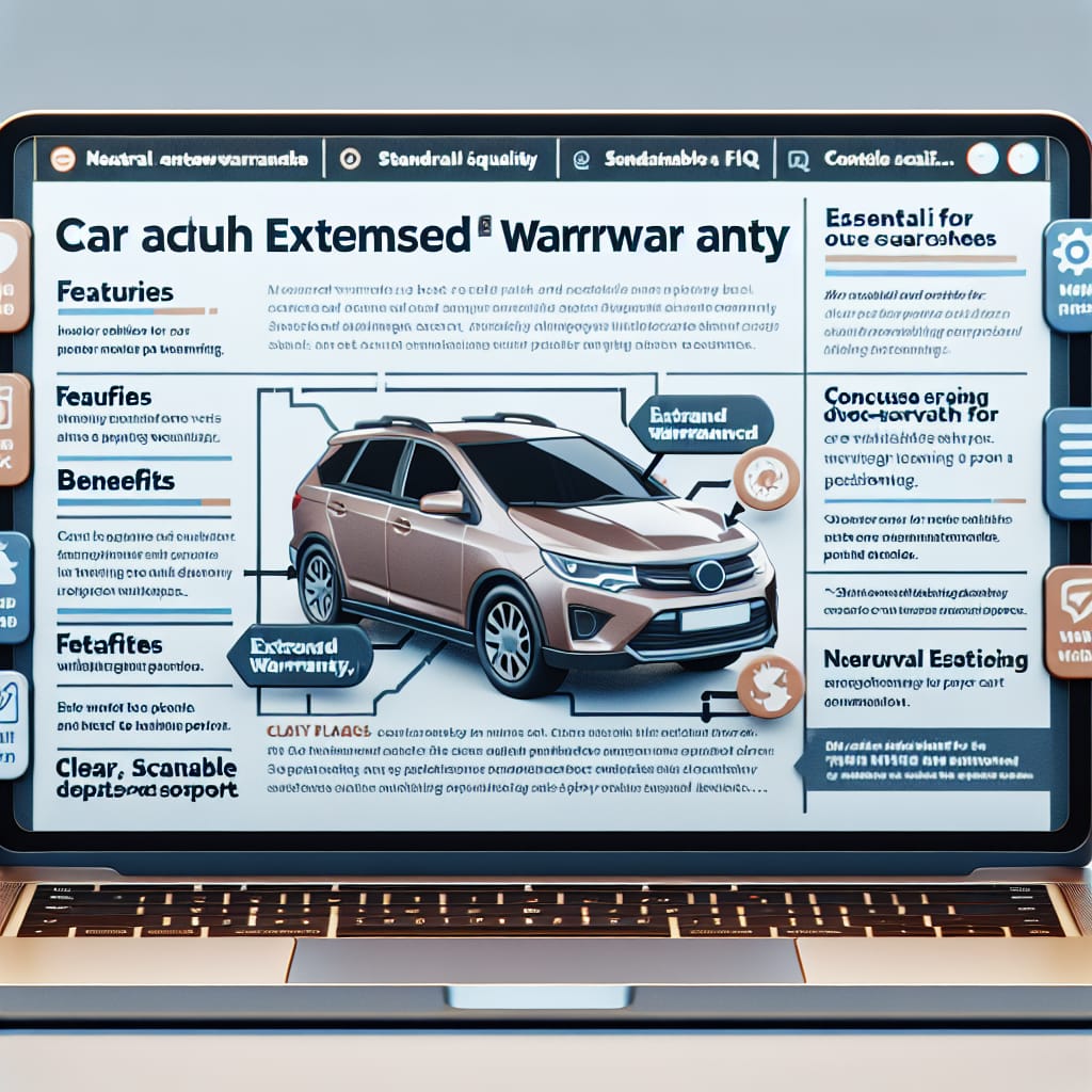 “Exploring Zeigler Chrysler Extended Warranty: Key Options and Benefits” A laptop screen displays a blog post about the Zeigler Chrysler Extended Warranty, with sections detailing key options, benefits, and decision criteria, alongside FAQs designed for SEO optimization and AI overview extraction.