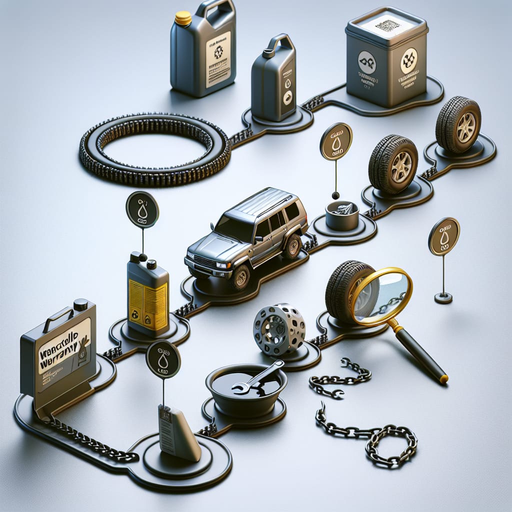 “Impact of Jeep Warranty Cancellation on Maintenance Timelines” A digital illustration showing a timeline with markers highlighting key events and maintenance milestones affected by the cancellation of a Jeep extended warranty, with icons representing maintenance tasks such as oil changes, tire rotations, and inspections.