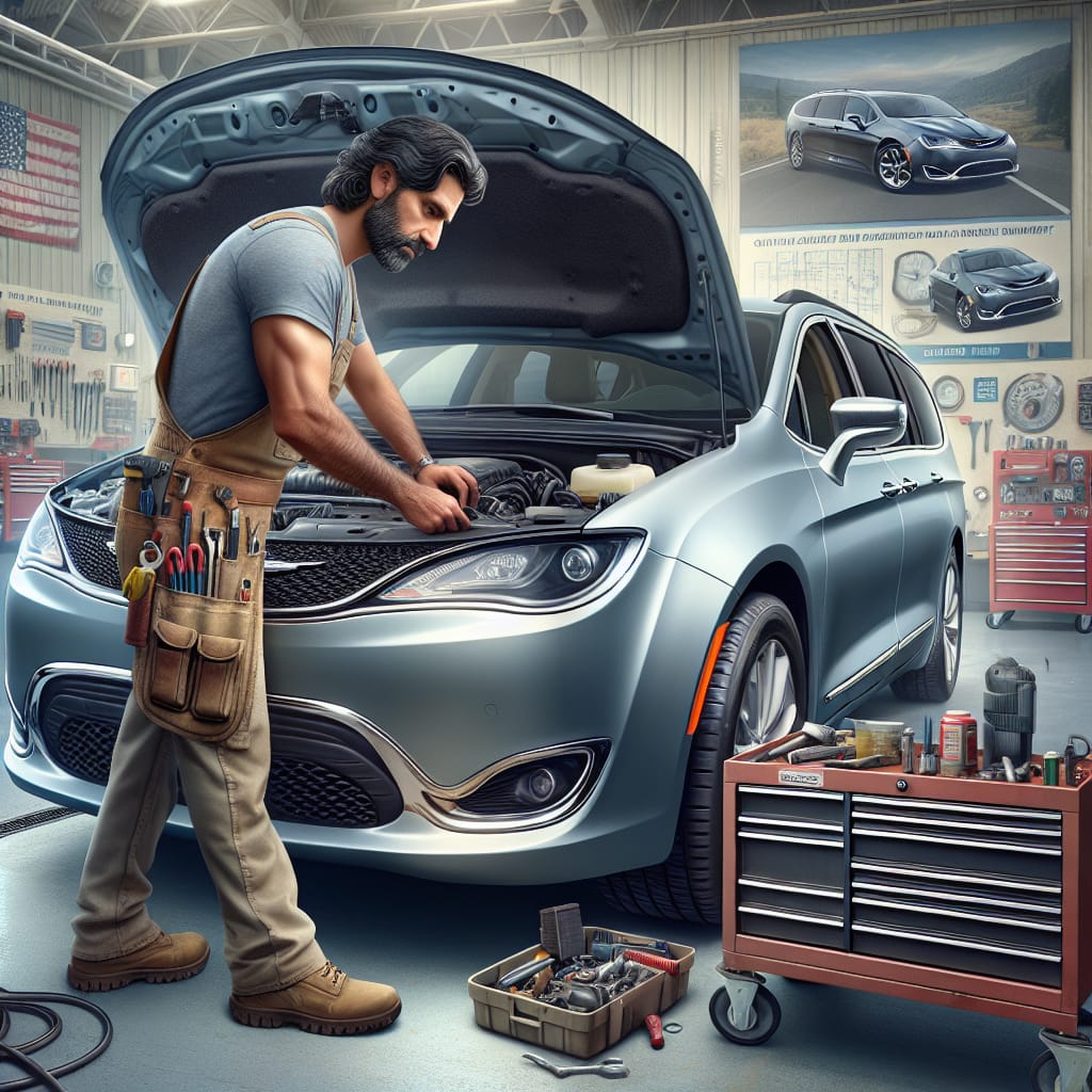 In-Depth Coverage: Common Repairs Under 2018 Chrysler Pacifica Extended Warranty A mechanic inspects the engine of a 2018 Chrysler Pacifica in a repair shop, highlighting common issues covered under the vehicle's extended warranty.
