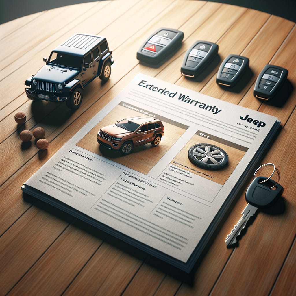 “Jeep Extended Warranty: Comprehensive Coverage Insights” A Jeep extended warranty booklet and a set of car keys on a wooden table, symbolizing comprehensive coverage options and decision-making criteria for Jeep owners considering warranty plans.