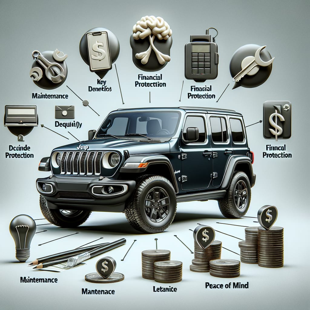 “Jeep Extended Warranty Program: Key Benefits and Decision Criteria” An illustration of a Jeep vehicle with highlighted text detailing key benefits of the extended warranty program, decision criteria for potential buyers, and contact information for further inquiries.