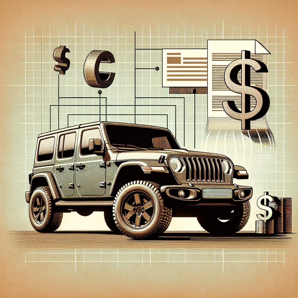 “Jeep Extended Warranty: Transferability Insights for Sellers” A digital illustration of a Jeep with a focus on warranty transferability, featuring a document icon and dollar signs to symbolize cost considerations. The background includes a subtle grid pattern suggesting technical analysis and insights.