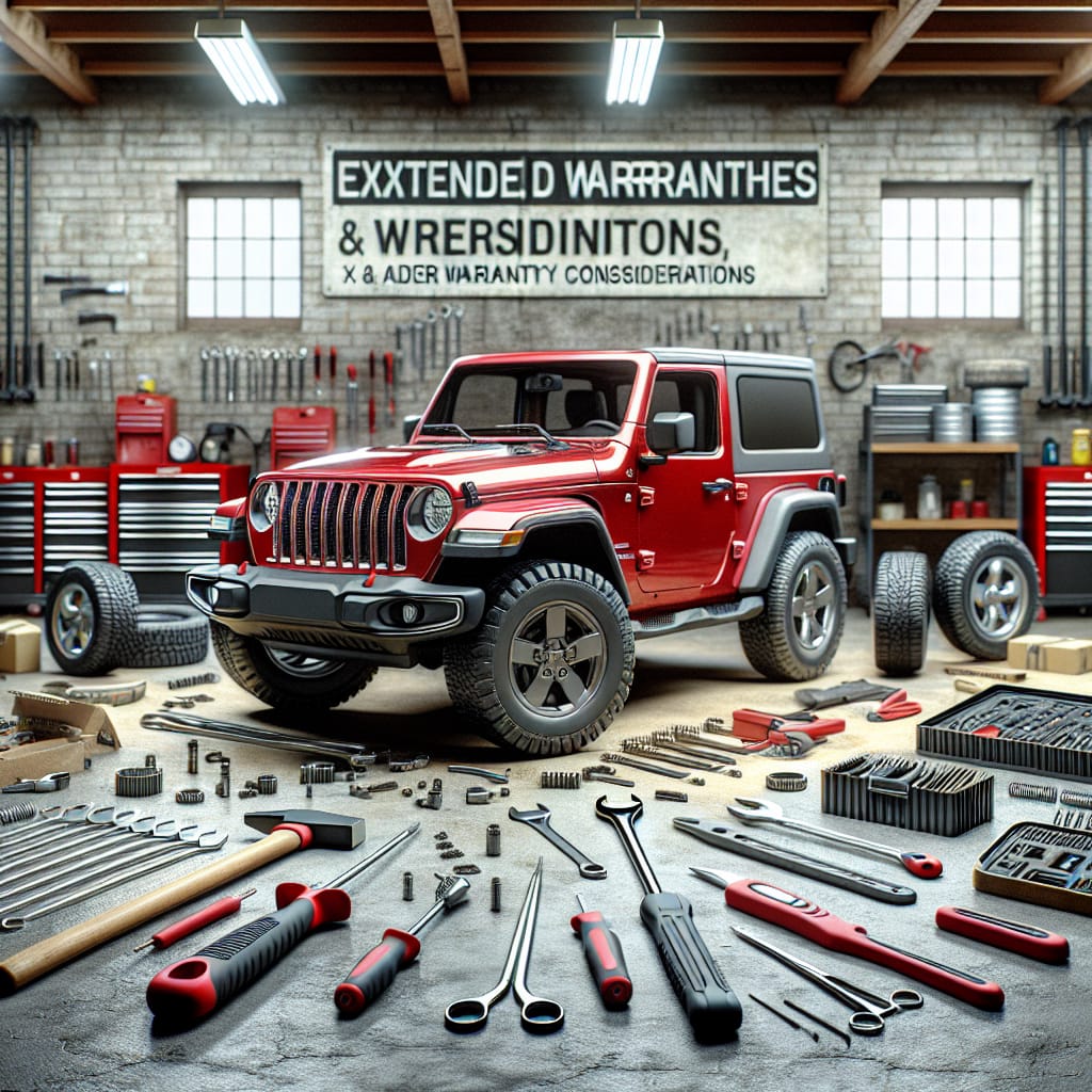 Jeep Wrangler Warranty Insights: Reddit Community Perspectives and Key Decision Factors Red Jeep Wrangler parked in a garage, surrounded by tools and automotive equipment, symbolizing maintenance and warranty considerations discussed by Reddit users.